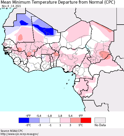 Western Africa Mean Minimum Temperature Departure from Normal (CPC) Thematic Map For 11/8/2021 - 11/14/2021