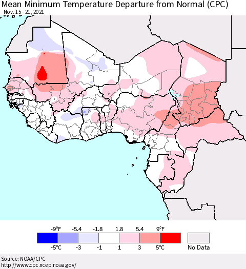Western Africa Mean Minimum Temperature Departure from Normal (CPC) Thematic Map For 11/15/2021 - 11/21/2021