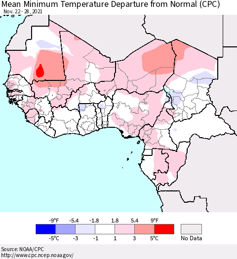 Western Africa Mean Minimum Temperature Departure from Normal (CPC) Thematic Map For 11/22/2021 - 11/28/2021