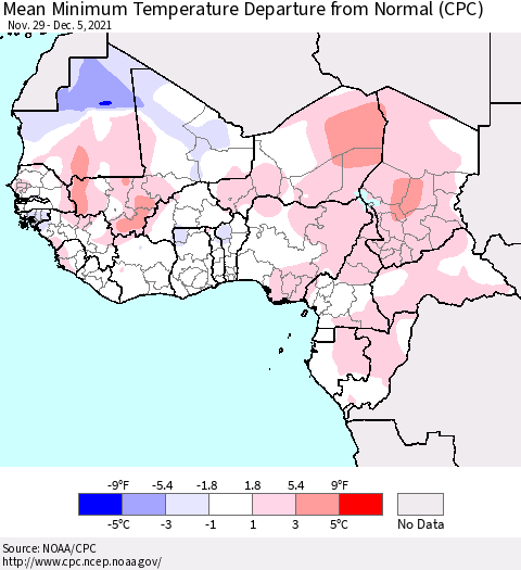 Western Africa Mean Minimum Temperature Departure from Normal (CPC) Thematic Map For 11/29/2021 - 12/5/2021