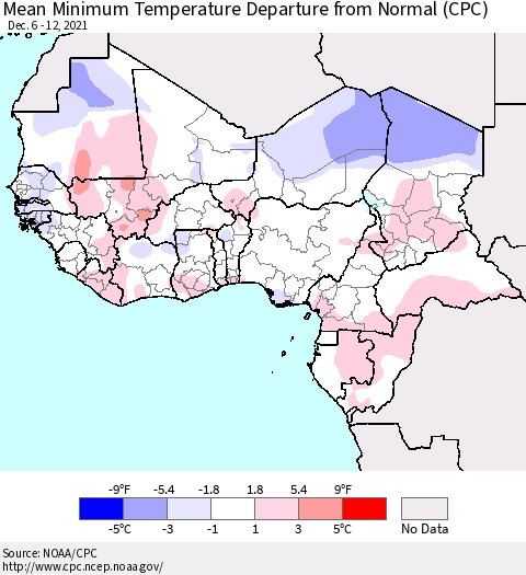 Western Africa Mean Minimum Temperature Departure from Normal (CPC) Thematic Map For 12/6/2021 - 12/12/2021