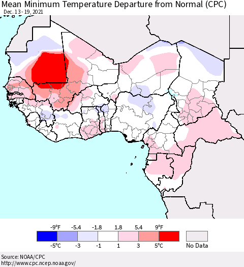 Western Africa Mean Minimum Temperature Departure from Normal (CPC) Thematic Map For 12/13/2021 - 12/19/2021