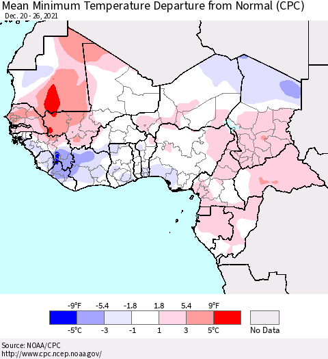 Western Africa Mean Minimum Temperature Departure from Normal (CPC) Thematic Map For 12/20/2021 - 12/26/2021