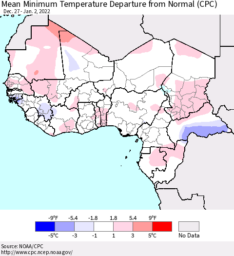 Western Africa Mean Minimum Temperature Departure from Normal (CPC) Thematic Map For 12/27/2021 - 1/2/2022
