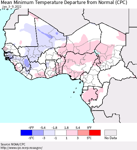 Western Africa Mean Minimum Temperature Departure from Normal (CPC) Thematic Map For 1/3/2022 - 1/9/2022