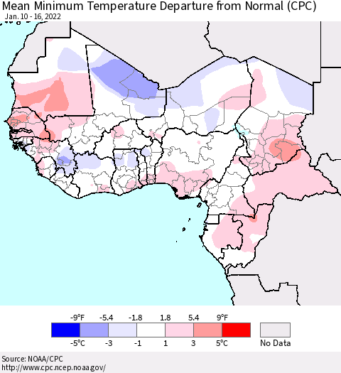 Western Africa Mean Minimum Temperature Departure from Normal (CPC) Thematic Map For 1/10/2022 - 1/16/2022