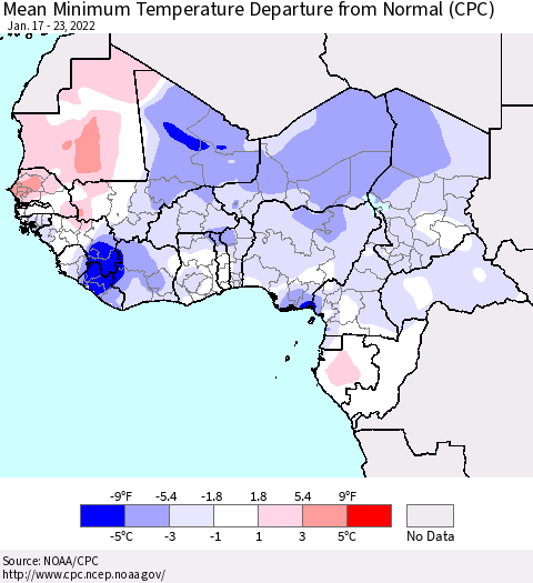 Western Africa Mean Minimum Temperature Departure from Normal (CPC) Thematic Map For 1/17/2022 - 1/23/2022
