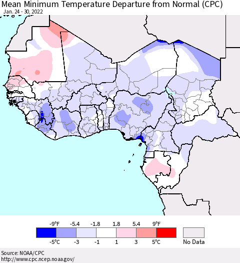 Western Africa Mean Minimum Temperature Departure from Normal (CPC) Thematic Map For 1/24/2022 - 1/30/2022