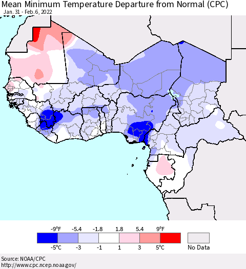 Western Africa Mean Minimum Temperature Departure from Normal (CPC) Thematic Map For 1/31/2022 - 2/6/2022