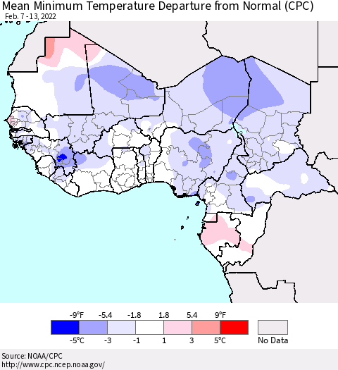 Western Africa Mean Minimum Temperature Departure from Normal (CPC) Thematic Map For 2/7/2022 - 2/13/2022