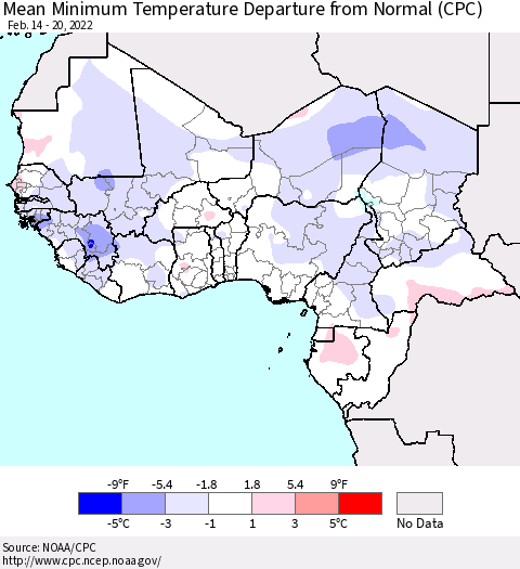 Western Africa Mean Minimum Temperature Departure from Normal (CPC) Thematic Map For 2/14/2022 - 2/20/2022
