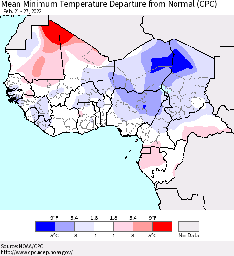 Western Africa Mean Minimum Temperature Departure from Normal (CPC) Thematic Map For 2/21/2022 - 2/27/2022