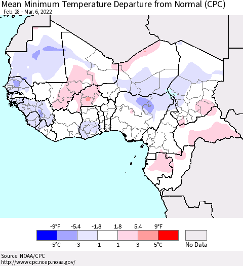 Western Africa Mean Minimum Temperature Departure from Normal (CPC) Thematic Map For 2/28/2022 - 3/6/2022