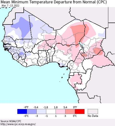Western Africa Mean Minimum Temperature Departure from Normal (CPC) Thematic Map For 3/7/2022 - 3/13/2022