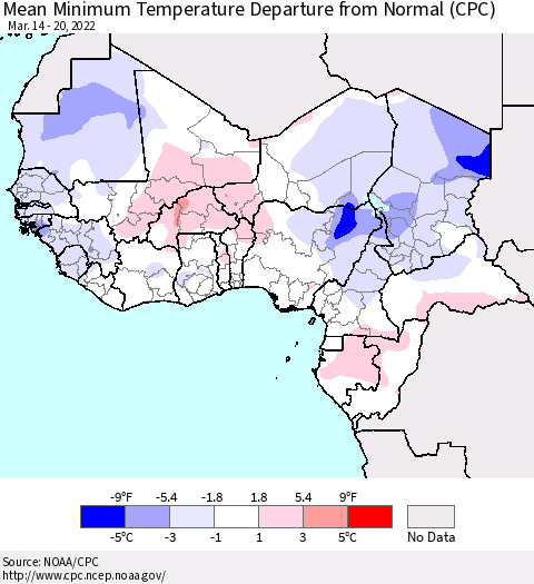 Western Africa Mean Minimum Temperature Departure from Normal (CPC) Thematic Map For 3/14/2022 - 3/20/2022