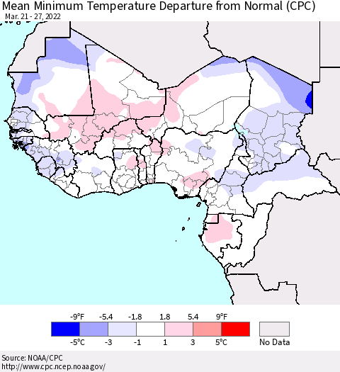 Western Africa Mean Minimum Temperature Departure from Normal (CPC) Thematic Map For 3/21/2022 - 3/27/2022
