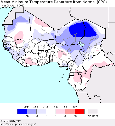Western Africa Mean Minimum Temperature Departure from Normal (CPC) Thematic Map For 3/28/2022 - 4/3/2022