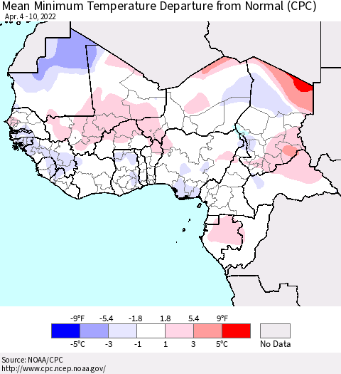 Western Africa Mean Minimum Temperature Departure from Normal (CPC) Thematic Map For 4/4/2022 - 4/10/2022