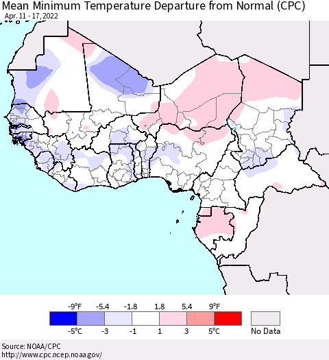 Western Africa Mean Minimum Temperature Departure from Normal (CPC) Thematic Map For 4/11/2022 - 4/17/2022
