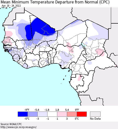 Western Africa Mean Minimum Temperature Departure from Normal (CPC) Thematic Map For 4/18/2022 - 4/24/2022