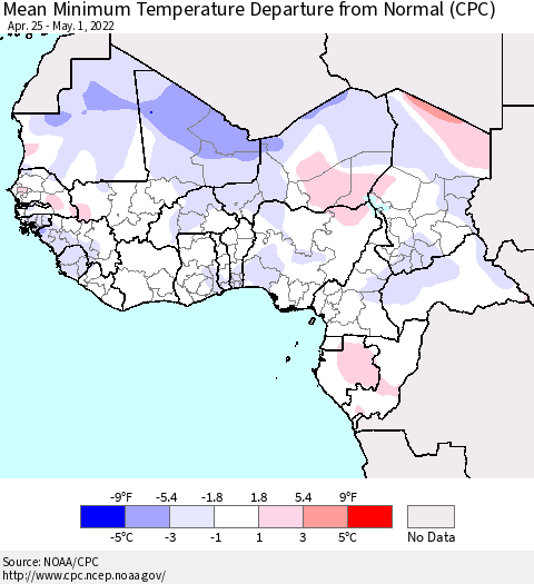 Western Africa Mean Minimum Temperature Departure from Normal (CPC) Thematic Map For 4/25/2022 - 5/1/2022
