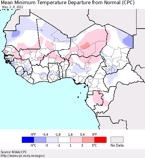 Western Africa Mean Minimum Temperature Departure from Normal (CPC) Thematic Map For 5/2/2022 - 5/8/2022