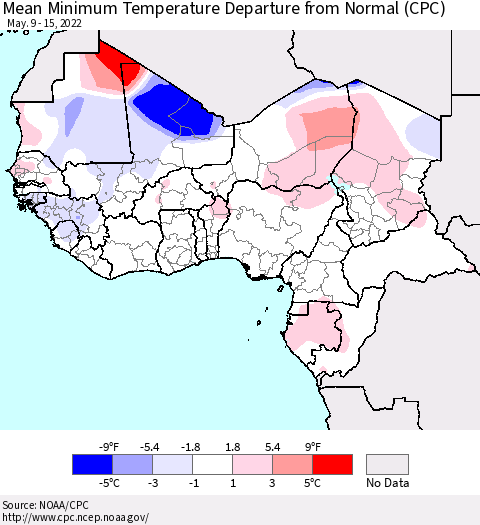 Western Africa Mean Minimum Temperature Departure from Normal (CPC) Thematic Map For 5/9/2022 - 5/15/2022