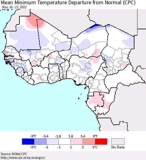 Western Africa Mean Minimum Temperature Departure from Normal (CPC) Thematic Map For 5/16/2022 - 5/22/2022