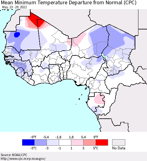 Western Africa Mean Minimum Temperature Departure from Normal (CPC) Thematic Map For 5/23/2022 - 5/29/2022