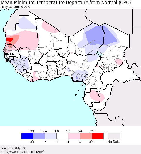 Western Africa Mean Minimum Temperature Departure from Normal (CPC) Thematic Map For 5/30/2022 - 6/5/2022