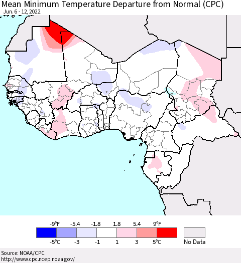 Western Africa Mean Minimum Temperature Departure from Normal (CPC) Thematic Map For 6/6/2022 - 6/12/2022