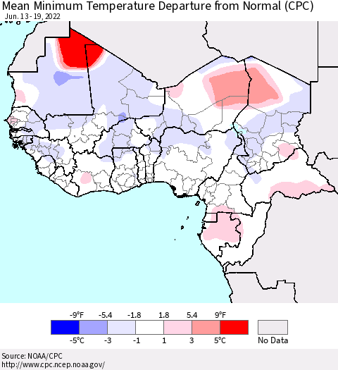 Western Africa Mean Minimum Temperature Departure from Normal (CPC) Thematic Map For 6/13/2022 - 6/19/2022