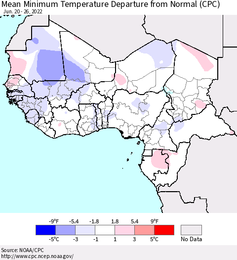 Western Africa Mean Minimum Temperature Departure from Normal (CPC) Thematic Map For 6/20/2022 - 6/26/2022