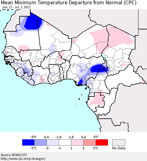 Western Africa Mean Minimum Temperature Departure from Normal (CPC) Thematic Map For 6/27/2022 - 7/3/2022