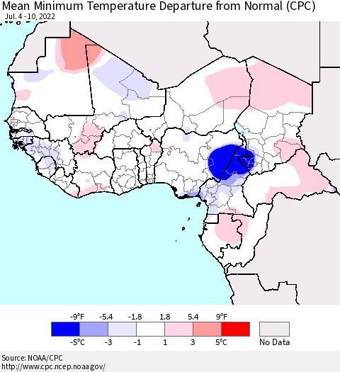 Western Africa Mean Minimum Temperature Departure from Normal (CPC) Thematic Map For 7/4/2022 - 7/10/2022