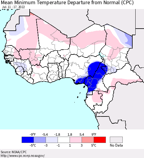Western Africa Mean Minimum Temperature Departure from Normal (CPC) Thematic Map For 7/11/2022 - 7/17/2022