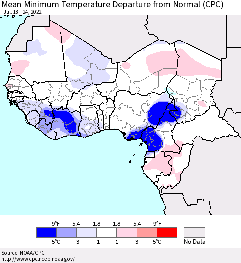 Western Africa Mean Minimum Temperature Departure from Normal (CPC) Thematic Map For 7/18/2022 - 7/24/2022