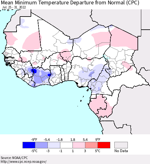 Western Africa Mean Minimum Temperature Departure from Normal (CPC) Thematic Map For 7/25/2022 - 7/31/2022