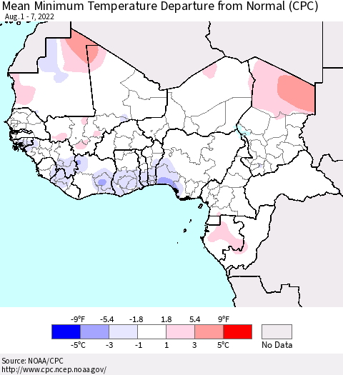 Western Africa Mean Minimum Temperature Departure from Normal (CPC) Thematic Map For 8/1/2022 - 8/7/2022