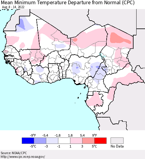 Western Africa Mean Minimum Temperature Departure from Normal (CPC) Thematic Map For 8/8/2022 - 8/14/2022