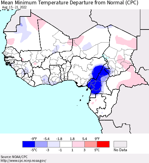 Western Africa Mean Minimum Temperature Departure from Normal (CPC) Thematic Map For 8/15/2022 - 8/21/2022