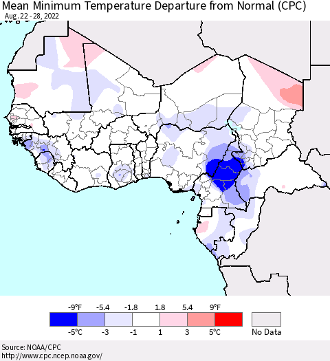 Western Africa Mean Minimum Temperature Departure from Normal (CPC) Thematic Map For 8/22/2022 - 8/28/2022