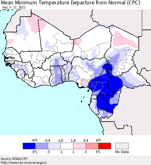 Western Africa Mean Minimum Temperature Departure from Normal (CPC) Thematic Map For 9/5/2022 - 9/11/2022