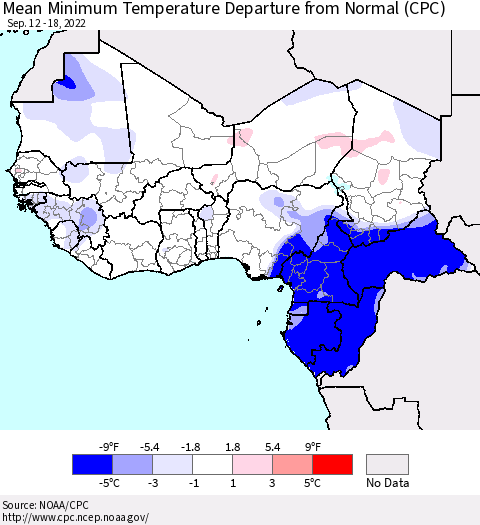 Western Africa Mean Minimum Temperature Departure from Normal (CPC) Thematic Map For 9/12/2022 - 9/18/2022