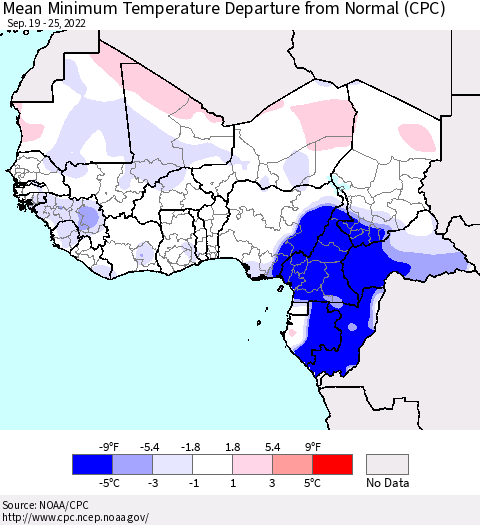 Western Africa Mean Minimum Temperature Departure from Normal (CPC) Thematic Map For 9/19/2022 - 9/25/2022