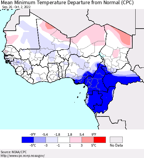 Western Africa Mean Minimum Temperature Departure from Normal (CPC) Thematic Map For 9/26/2022 - 10/2/2022