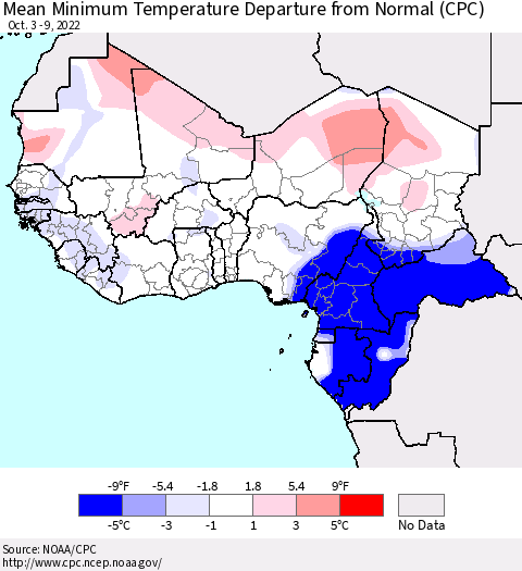 Western Africa Mean Minimum Temperature Departure from Normal (CPC) Thematic Map For 10/3/2022 - 10/9/2022