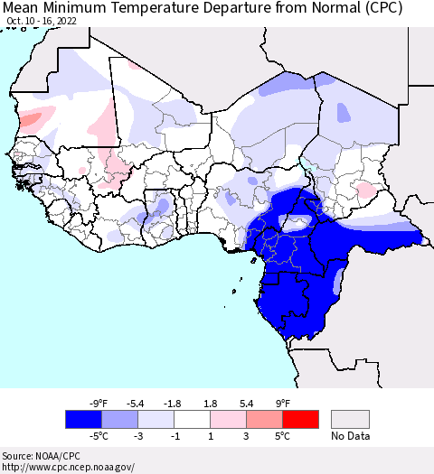 Western Africa Mean Minimum Temperature Departure from Normal (CPC) Thematic Map For 10/10/2022 - 10/16/2022