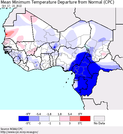 Western Africa Mean Minimum Temperature Departure from Normal (CPC) Thematic Map For 10/17/2022 - 10/23/2022