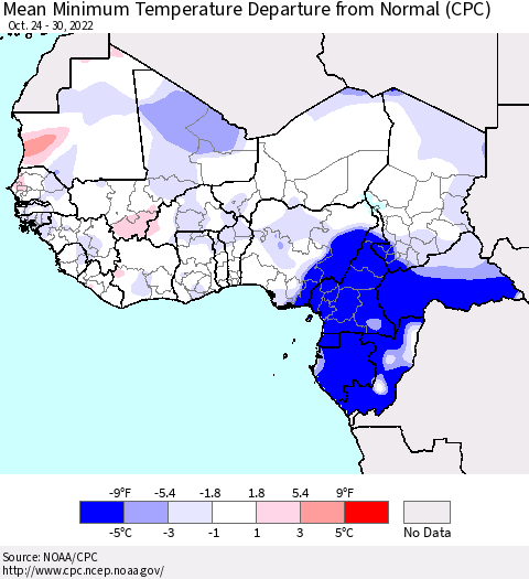 Western Africa Mean Minimum Temperature Departure from Normal (CPC) Thematic Map For 10/24/2022 - 10/30/2022